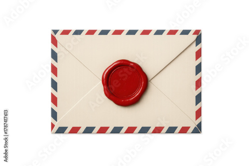 Old-fashioned airmail envelope featuring blue and red stripes, with a blank red wax seal, on a transparent background