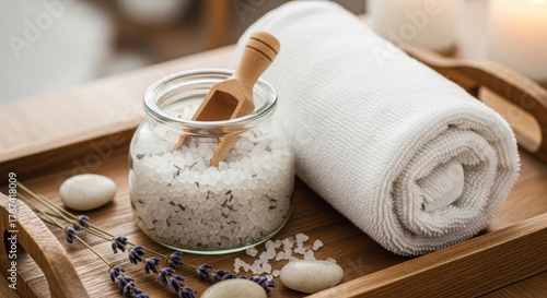 Bath salt in jar, towel, and lavender on wood tray. Relaxation and spa concept for beauty and wellness.