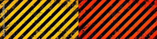 Warning sign with yellow and black diagonal lines. Attention, danger or caution symbol. Construction site signage, road safety notice, hazard banner, security alert shield. Vector illustration.