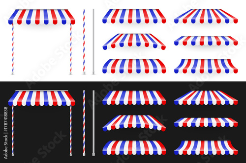 Shop sunshade. Realistic striped cafe awning. Outdoor market tent. Roof canopy in French flag colors. Summer street store. Vector illustration.