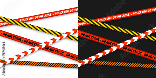 Barricade construction tape. Colorful police warning line, brightly colored danger or hazard stripe, ribbon. Restricted area, zone. Attention symbol. Vector illustration.
