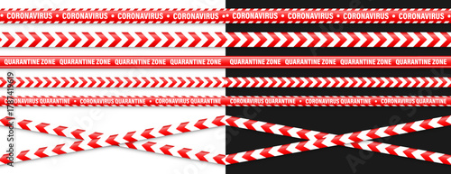 Barricade construction tape. Colorful police warning line, brightly colored danger or hazard stripe, ribbon. Restricted area, zone. Attention symbol. Vector illustration.