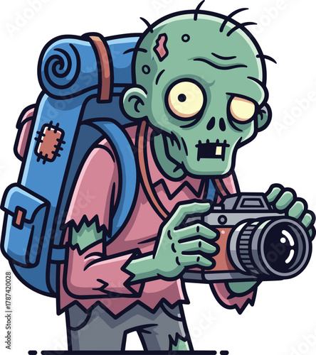 Zombie traveler, cartoon character, horror adventure theme, undead photographer, camera gear, backpack patches, vector illustration, eerie design, hiking zombie, creepy tourist