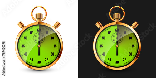Realistic classic stopwatch. Shiny golden metal chronometer, time counter with dial. Green countdown timer showing minutes and seconds. Time measurement for sport, start, finish. Vector illustration.
