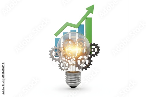 Light Bulb with Business Gears and Growth Chart Isolated on White Background