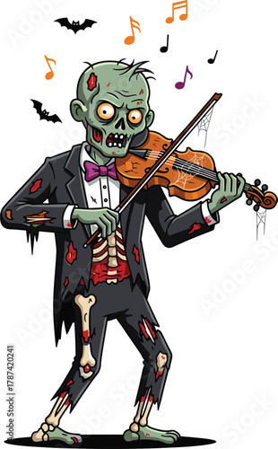 Zombie violinist character, cartoon undead musician, horror music illustration, funny monster design, playing instrument vector, spooky concert theme, Halloween performance concept art