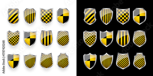 Glossy shield with yellow and black pattern. Security and protection concept. Cyber safety icons, internet privacy, web defense, digital data protection and antivirus themes. Vector illustration.