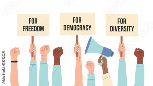 Diversity, Freedom, and Democracy Protest Vector Illustration with Raised Fists and Banners