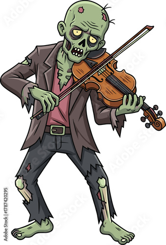 Zombie violinist character, cartoon undead musician, horror music illustration, funny monster design, playing instrument vector, creepy concert theme, Halloween performance concept art