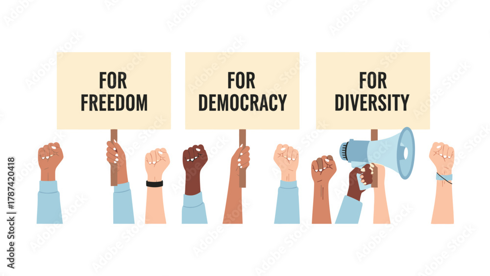 Fototapeta premium Diverse Raised Fists Holding Protest Signs for Freedom, Democracy, and Diversity