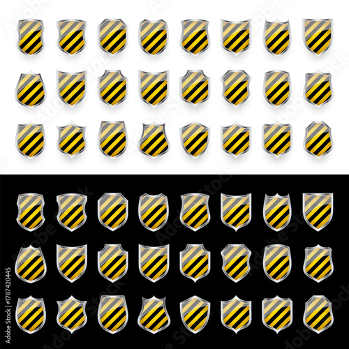 Glossy shield with yellow and black pattern. Security and protection concept. Cyber safety icons, internet privacy, web defense, digital data protection and antivirus themes. Vector illustration.