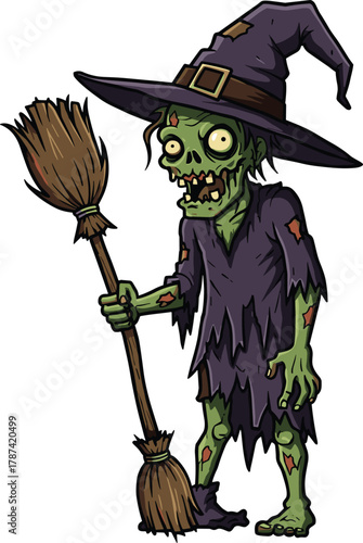 Zombie witch character, horror fantasy vector, undead creature, green decayed skin, pointed hat, broomstick, tattered purple dress, creepy monster, Halloween theme, scary illustration