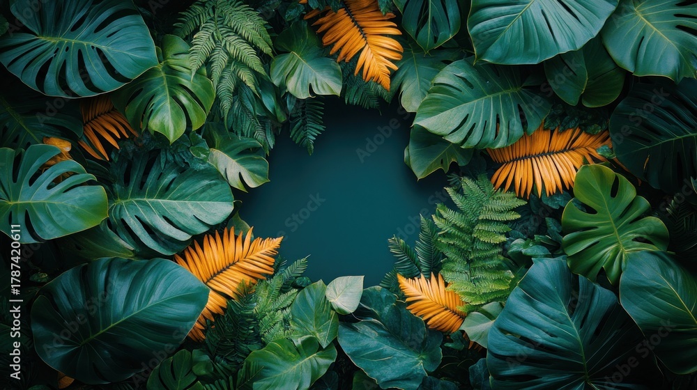 Fototapeta premium Tropical leaves frame dark backdrop