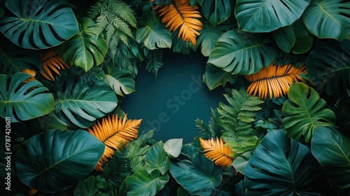 Tropical leaves frame dark backdrop