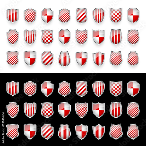 Glossy shield with red and black pattern. Security and protection concept. Cyber safety icons, internet privacy, web defense, digital data protection and antivirus themes. Vector illustration.