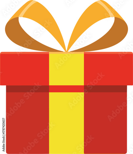 Red gift box vector illustration with yellow ribbon and golden bow for celebration and holiday themes