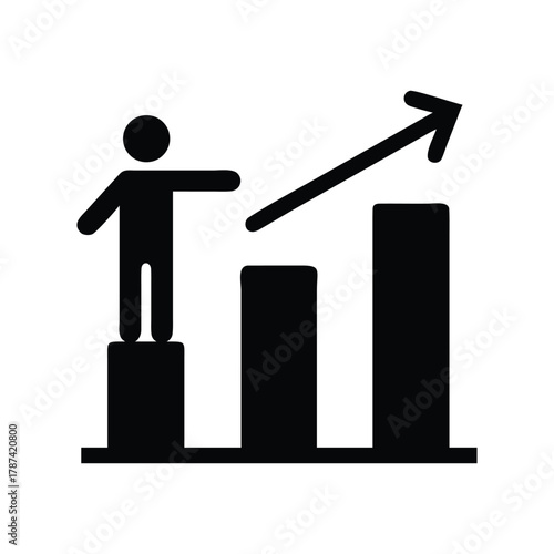 Black icon of person on bar chart with upward arrow growth
