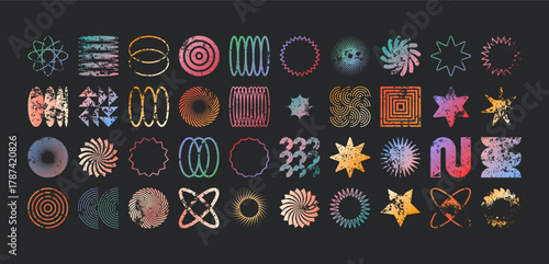 Brutalist geometric shapes, modern grunge symbols. Simple primitive elements and forms, distressed details. Retro design, aged, vintage, trendy contemporary minimalist style, y2k. Vector illustration.