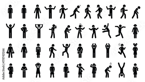 Stick Figure Pictogram Icon Set Collection | Various Poses, Actions, People, and Occupations