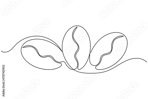 Coffee beans and seeds continuous one line drawing on white background minimalist roasted grain outline vector illustration