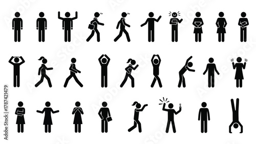Human Pictogram Vector Icon Set. Collection of Stick Figures Displaying Various Actions, Movements, Poses, and Emotions, including Walking, Standing, Exercise, Students, and Anger.
