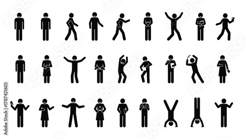 Set of Stick Figures Pictograms: Diverse Human Actions, Poses, and Activities, including Walking, Jumping, Holding Objects, and Handstands. Vector Illustration.