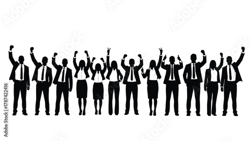 Group of Business People Silhouettes Celebrating Success with Raised Hands Vector Illustration