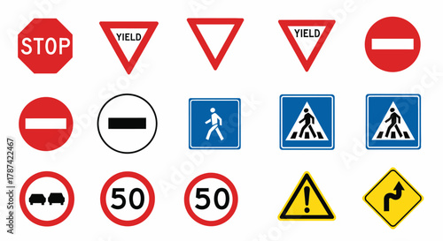 Collection of traffic signs, including stop, yield, no entry, pedestrian crossing, speed limits, and warning signs on a white background