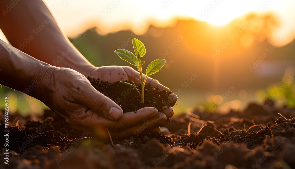 Fototapeta premium Hands hold a seedling and soil, sunlight in the background, in an outdoor setting