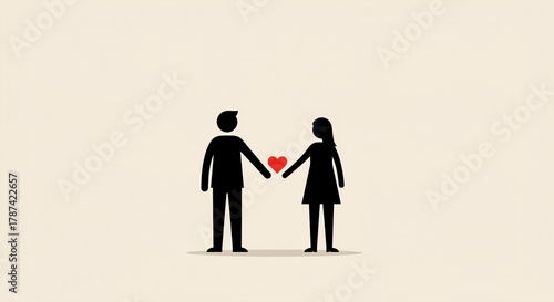 A minimalist silhouette of a couple holding hands with a red heart, In What Style: Flat vector icon with clean lines, In What Colors: Black figures and vibrant red heart against soft beige background,