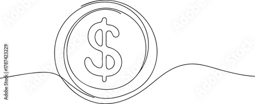 Single line drawing of a dollar coin on a wavy line