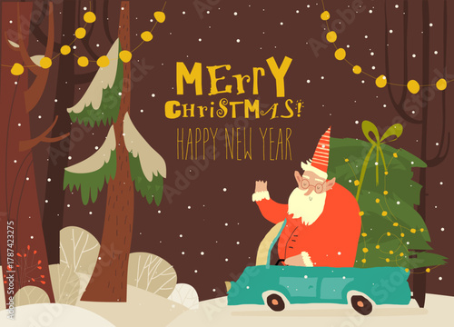 Santa Claus driving Car in Magical Winter Forest at Night. Christmas or New Year Greeting Card