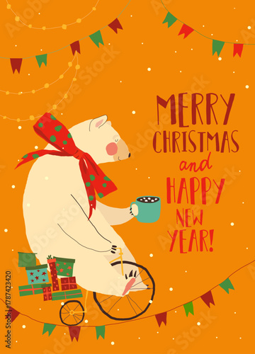 Cute Polar Bear riding Bicycle with Christmas Gifts