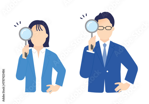 虫眼鏡を持つビジネスパーソンのイラスト素材