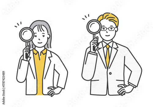 虫眼鏡を持つビジネスパーソンのイラスト素材