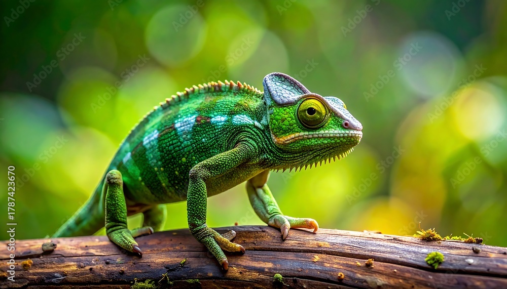 Obraz premium Green chameleon with white stripes on a branch in nature