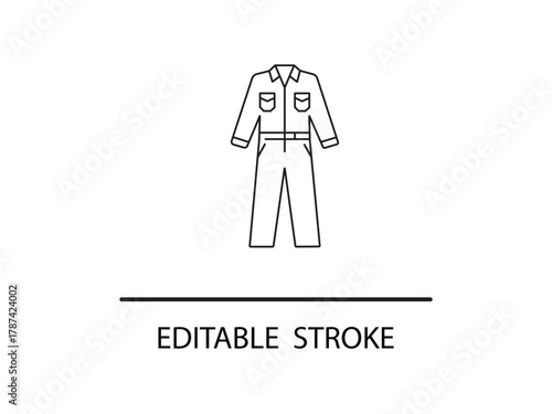 Clean line art illustration of a workwear jumpsuit perfect for factory or labor designs and projects that need editable uniform graphics.