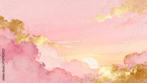 Fototapeta Naklejka Na Ścianę i Meble -  Pink and gold sky with clouds