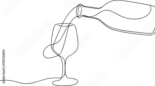 Single line drawing of wine bottle pouring into glass
