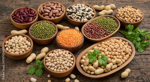 Assortment of Dried Beans Lentils Chickpeas and Peanuts in Wooden Bowls on Rustic Table legumes