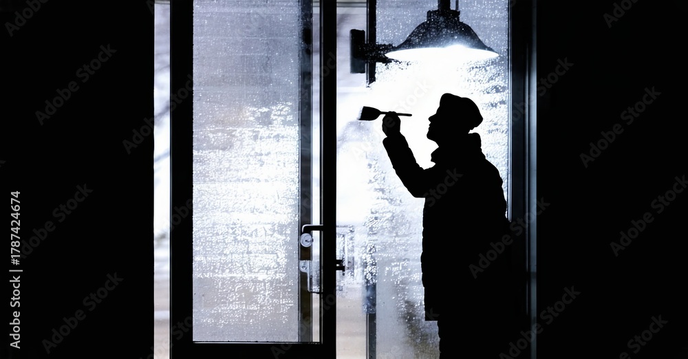 Fototapeta premium Silhouette person brushes snow from glass door. Winter scene, dark exterior, bright interior light visible. Cold weather conditions present.