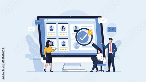 Online Recruitment and Candidate Selection Process Vector Illustration. Human Resources Team Reviewing Resumes on Computer Screen for Hiring