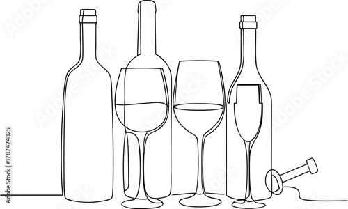 Three wine bottles and two wine glasses with a cork