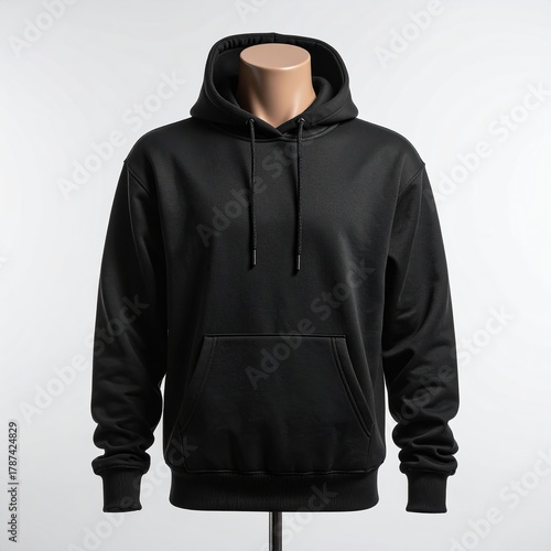 Stylish black hoodie mockup on mannequin for fashion brand promotion and apparel design template