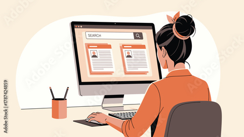 Business Woman Searching Database for Candidate Profiles. Recruitment and HR Management Concept Vector Illustration.