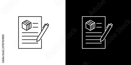 Icon of a parcel on a document with a pen for shipping and delivery logistics