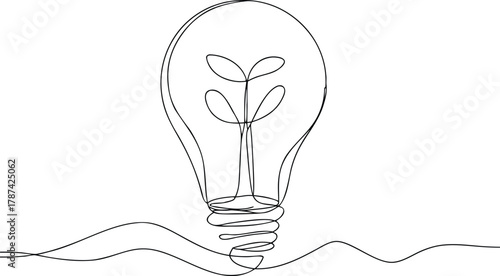 Single line drawing of a light bulb with plant sprout