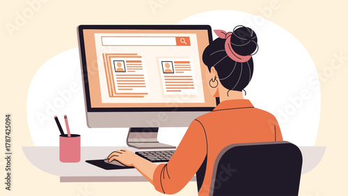 Woman Working on Computer, Reviewing Profiles or Resumes Online. HR and Recruitment Vector Illustration