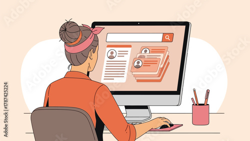 Woman Working on Desktop Computer Managing User Profiles and Data Records