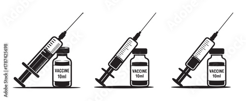 Three identical black and white icons of a vaccine vial and syringe, representing immunization and healthcare.